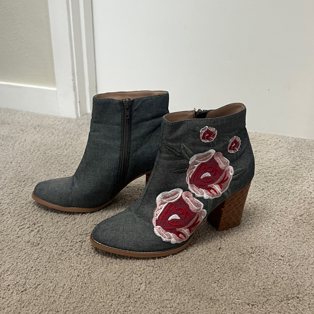 Billy Ella Denim Ankle Boots with Floral Embroidery